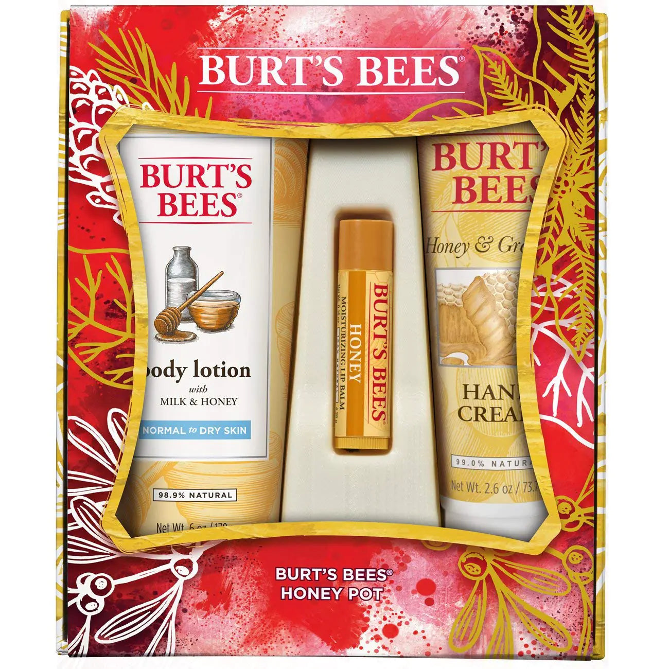Burts Bees Honey Pot Holiday Gift Set 3 Honey Skin Care Products - Milk & Honey Body Lotion Honey & Grapeseed Hand Cream and Honey Lip Balm