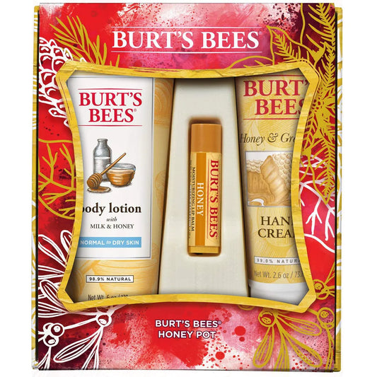 Burts Bees Honey Pot Holiday Gift Set 3 Honey Skin Care Products - Milk & Honey Body Lotion Honey & Grapeseed Hand Cream and Honey Lip Balm