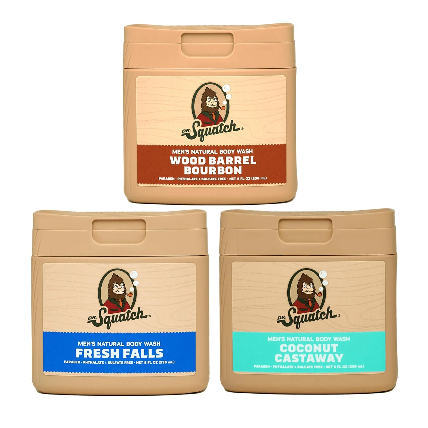 Dr. Squatch NEW Natural Body Wash for Men - Non-Exfoliating - Wood Barrel Bourbon + Fresh Falls + Coconut Castaway (8 oz 3 Pack)